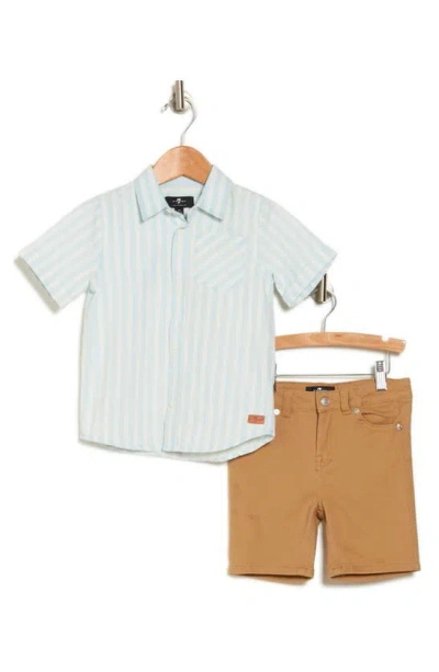 7 For All Mankind Kids' Stripe Button-up Shirt & Shorts Set In Light Indigo