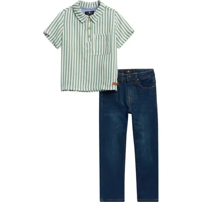 7 For All Mankind Kids' Stripe Polo & Jeans Set In Green
