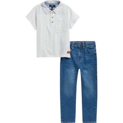 7 For All Mankind Kids' Stripe Polo & Jeans Set In Vanilla