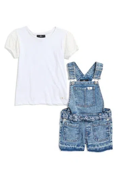 7 For All Mankind Kids' T-shirt & Denim Overalls Set In Bright White