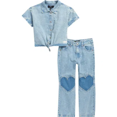 7 For All Mankind Kids' Tie Hem Shirt & Heart Patch Jeans Set In Blue