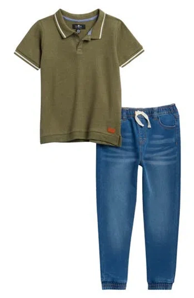 7 For All Mankind Kids' Waffle Knit Polo & Jeans Set In Green