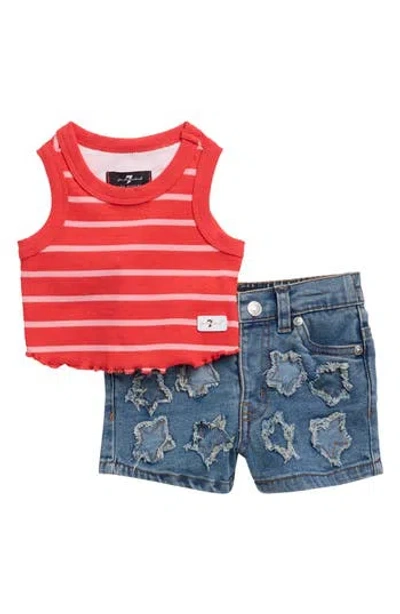 7 For All Mankind Babies'  Lettuce Edge Tank & Star Appliqué Shorts Set In Red