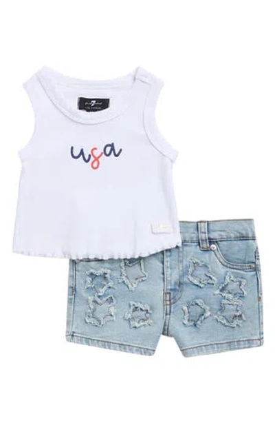 7 For All Mankind Babies'  Lettuce Edge Tank & Star Appliqué Shorts Set In White
