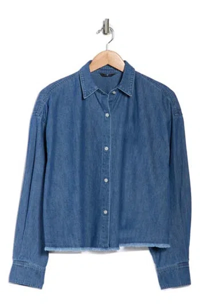 7 For All Mankind Long Sleeve Crop Chambray Button-up Shirt In Blue
