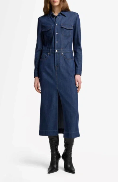 7 For All Mankind Long Sleeve Denim Midi Dress In Blue