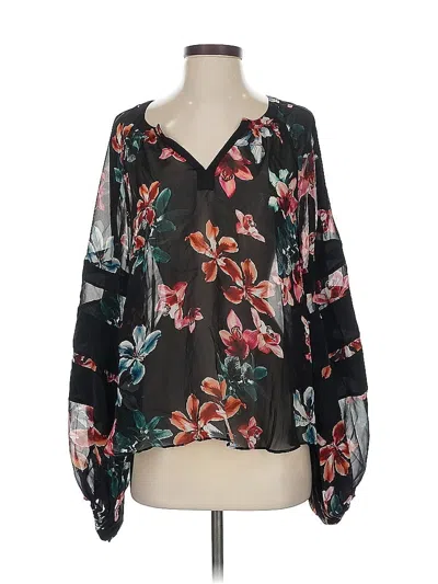 Pre-owned 7 For All Mankind Long Sleeve Silk Top Black Plunge Neckline Tops