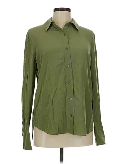 Pre-owned 7 For All Mankind Long Sleeve Silk Top Green Collared Neckline Tops