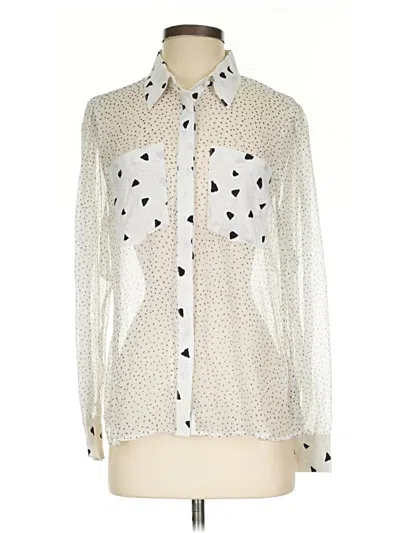 Pre-owned 7 For All Mankind Long Sleeve Silk Top Ivory Polka Dots Pattern Collared Neckline Tops In White