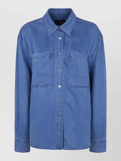 7 For All Mankind Lyocell Shirt Long Sleeves Collared Chest Pockets In Blue