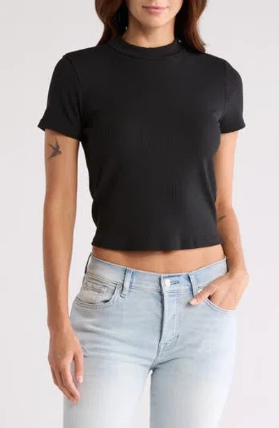 7 For All Mankind Mock Neck Short Sleeve Top In Black