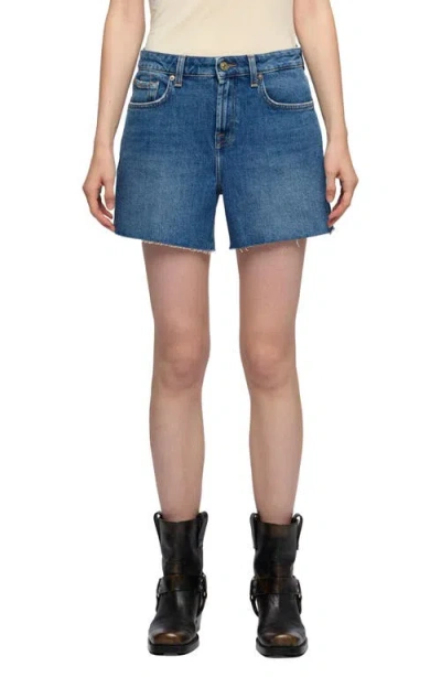 7 For All Mankind Monroe Long Denim Shorts In Explorer In Blue