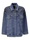 7 For All Mankind Oli Trucker Candy With Faded Crystals In Dark Wash