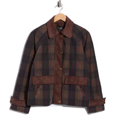 7 For All Mankind Plaid Quilted Barn Jacket With Faux Suede Trim In Brown