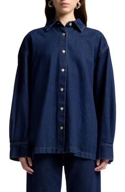7 For All Mankind Pleated Oversize Cotton Denim Shirt In Blue