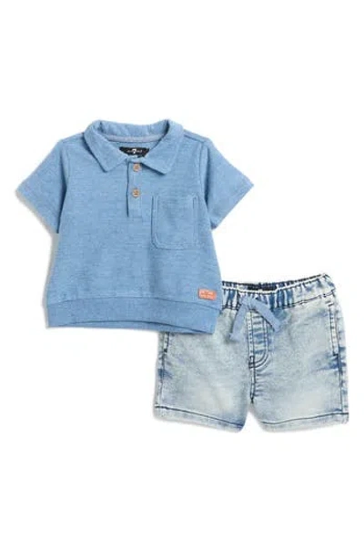 7 For All Mankind Babies'  Polo & Knit Denim Shorts Set In Moonlight Blue