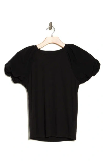 7 For All Mankind Puff Sleeve Mixed Media Top In Black