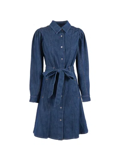 7 For All Mankind Puff-sleeve Midi Dress In Blue