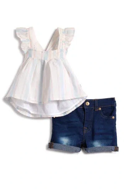 7 For All Mankind Ruffle Babydoll Top & Denim Shorts Set In White