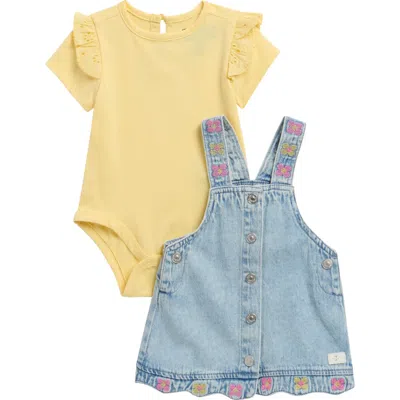 7 For All Mankind Babies'  Ruffle Bodysuit & Denim Pinafore Dress Set In Blue
