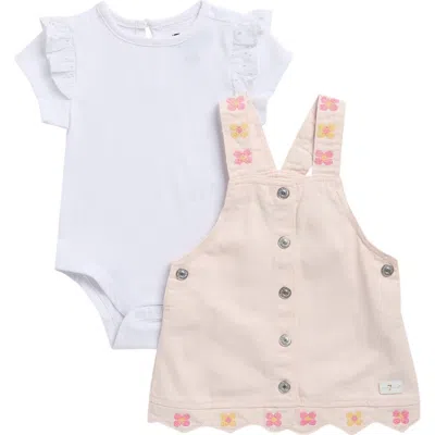 7 For All Mankind Babies'  Ruffle Bodysuit & Denim Pinafore Dress Set In Pink