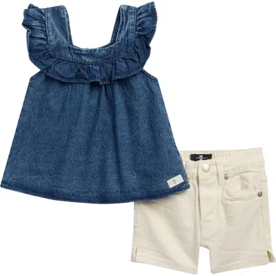 7 For All Mankind Babies'  Ruffle Denim Tank & Shorts Set In Blue