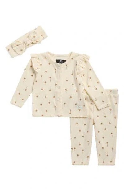 7 For All Mankind Babies'  Ruffle Pointelle Stitch Cardigan, Leggings & Headband Set In Brown