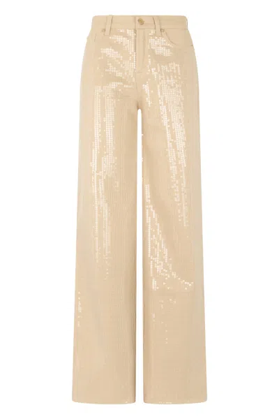 7 For All Mankind Cotton Wide-leg Trousers With Transparent Sequin Detail In Neutral