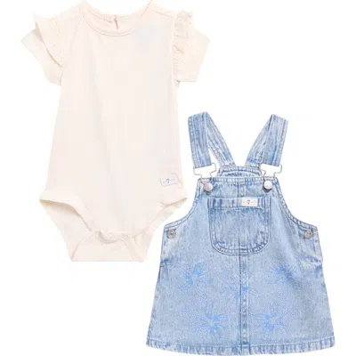7 For All Mankind Babies'  Short Sleeve Bodysuit & Denim Jumper Dress Set In Burgundy