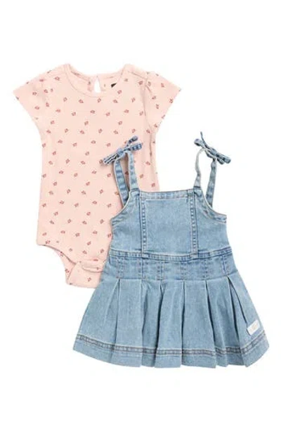 7 For All Mankind Babies'  Short Sleeve Bodysuit & Denim Jumper Dress Set In Pink