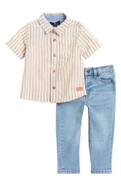 7 For All Mankind Babies'  Short Sleeve Button-up Shirt & Jeans Set In Khaki