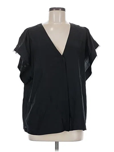 Pre-owned 7 For All Mankind Short Sleeve Silk Top Black Plunge Neckline Tops