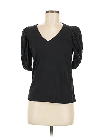 Pre-owned 7 For All Mankind Short Sleeve Top Black Solid Pattern V-neck Tops