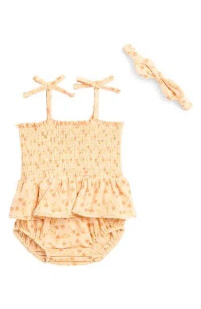 7 For All Mankind Babies'  Smocked Bubble Bodysuit & Headband Set In Sunflower