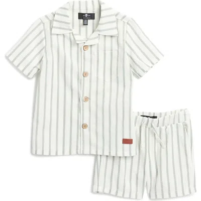 7 For All Mankind Babies'  Stripe Cotton & Linen Camp Shirt & Shorts Set In Hedge Green