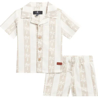7 For All Mankind Babies'  Stripe Cotton & Linen Camp Shirt & Shorts Set In Neutral