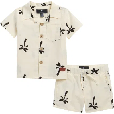 7 For All Mankind Babies'  Stripe Cotton & Linen Camp Shirt & Shorts Set In Neutral