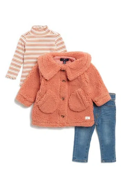 7 For All Mankind Babies'  Stripe Long Sleeve Top, Fleece Jacket & Jeans Set In Carmine Rose