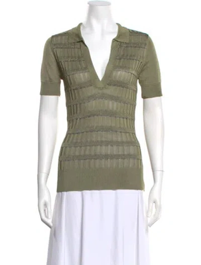 Pre-owned 7 For All Mankind Striped V-neck Top In Green