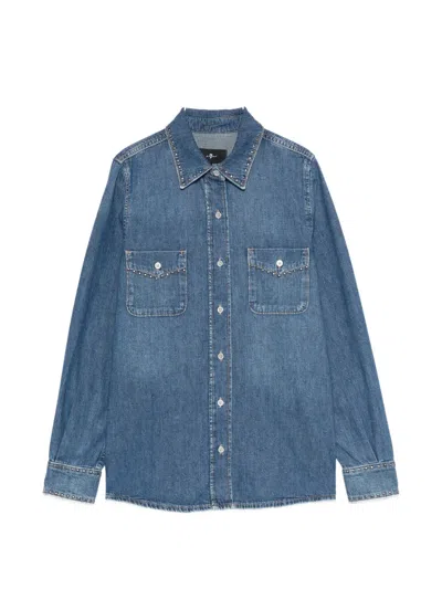 7 For All Mankind Studded Denim Shirt In Blue