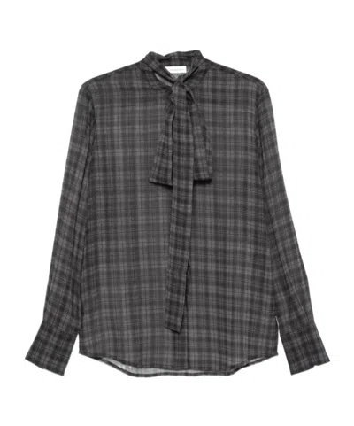7 For All Mankind Tieneck Plaid Longsleeve Blouse In Gray