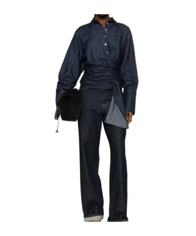 7 For All Mankind Tie-waist Long-sleeve Shirt In Blue