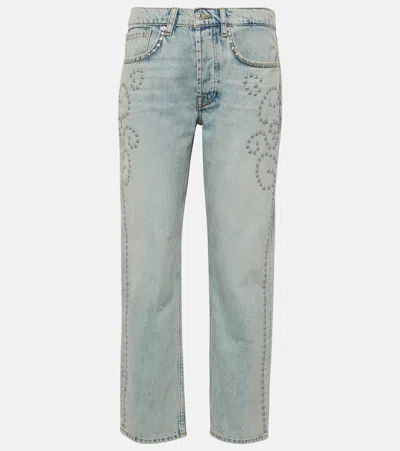 7 For All Mankind Trucker Studded Straight Jeans In Blue