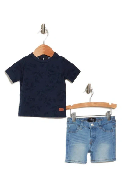 7 For All Mankind Babies'  Vine Print Pocket T-shirt & Denim Shorts In Navy