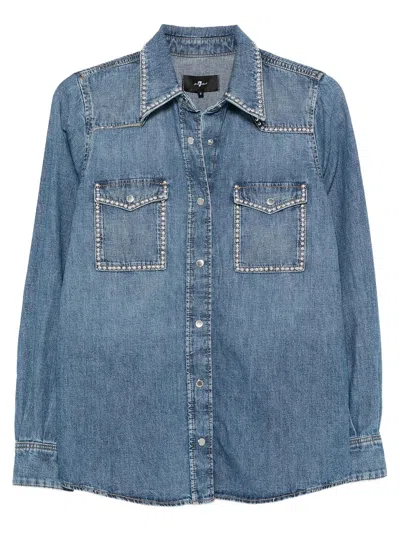 7 For All Mankind Western Denim Shirt With Studs In Blue