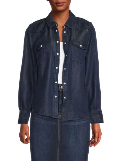 7 For All Mankind Women's Washed Long Sleeves Denim Shirt In Dark Indigo