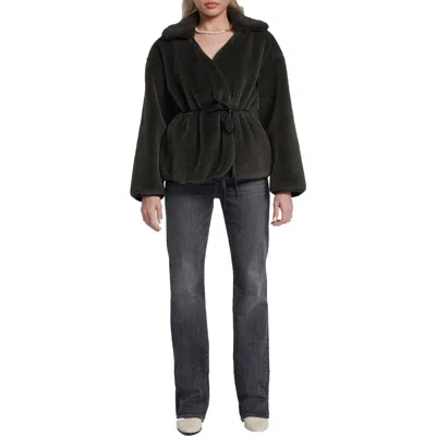 7 For All Mankind Womens Faux Leather Trim Faux Fur Faux Fur Coat