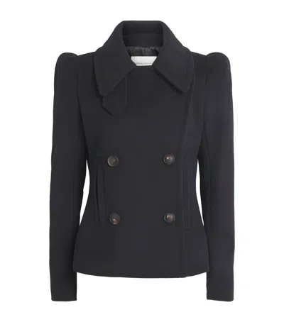 7 For All Mankind Wool-blend Double-breasted Fitted Blazer In Black