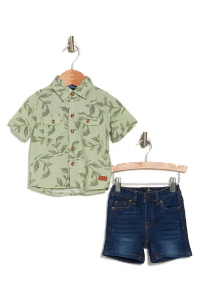 7 For All Mankind Babies' Woven Shirt & Denim Shorts Set In Multi