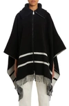 Moncler Fringed Striped Wool-blend Jacquard Poncho In Black